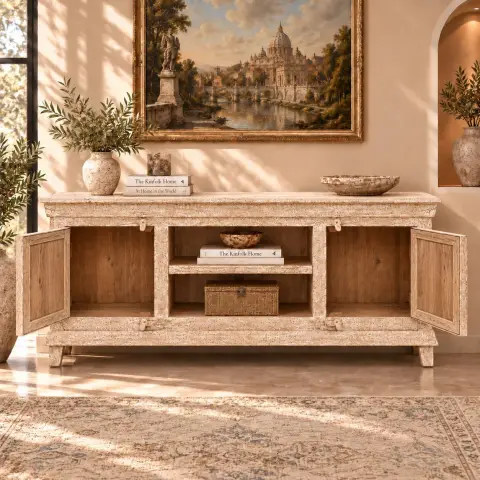 Hand-carved distressed white TV stand and media unit with pastel floral doors, two central open shelves and enclosed side storage in a styled living room.
