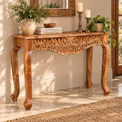 Hand-Carved Mango Wood Console Table with Floral Design