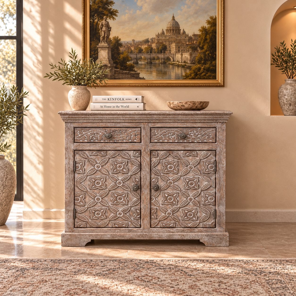 Hand-Carved Mango Wood Storage Cabinet with 2 Drawers