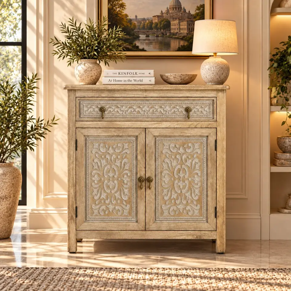 Hand-carved natural wood storage cabinet with two carved doors, one wide upper drawer, brass-tone drop handles and a light distressed finish in a styled interior.