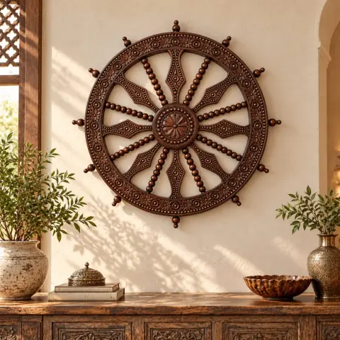 Hand-carved round wooden wheel wall decor displayed on a warm interior wall, featuring floral carvings, beaded spokes, decorative finials, and a central floral medallion.