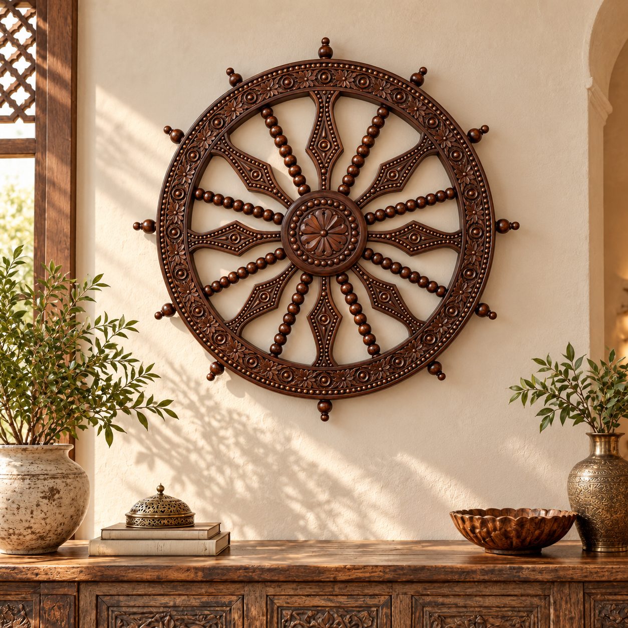 Handcrafted Wooden Ship Wheel Wall Decor with Intricate Carvings