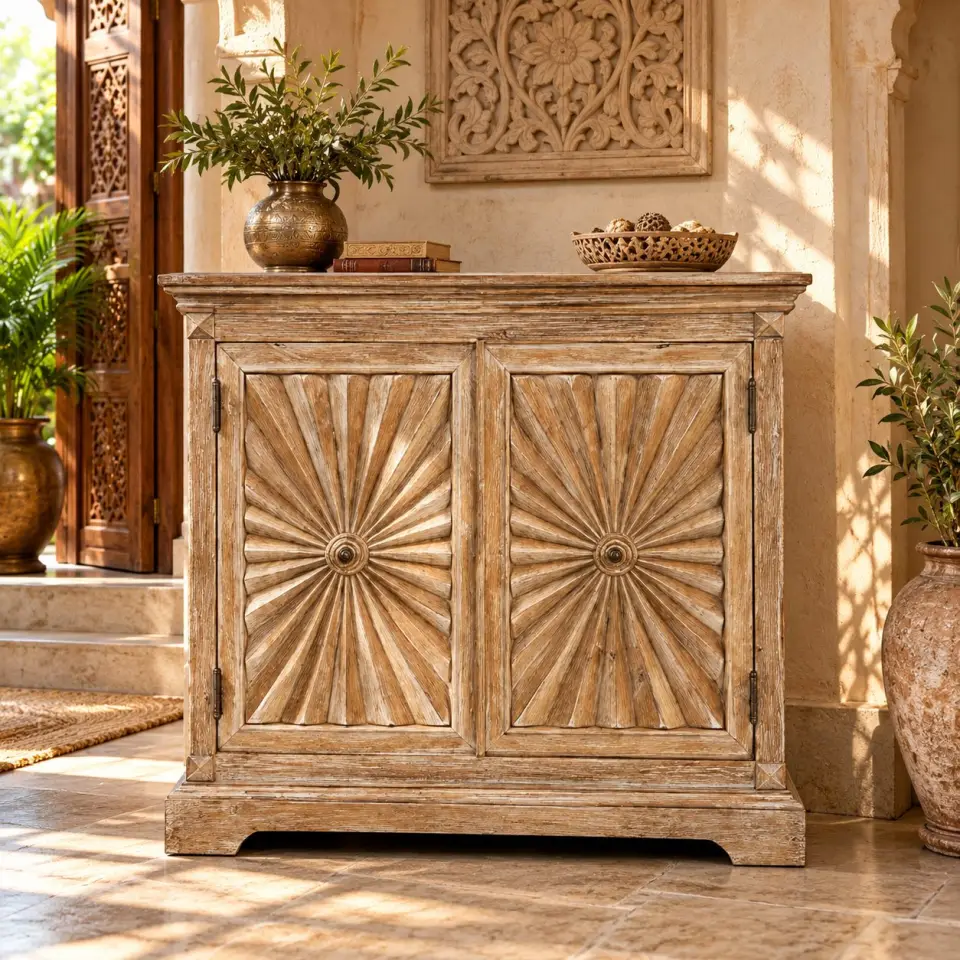 Hand-carved sunburst wooden storage cabinet with two decorative radial-carved doors, layered top moulding, distressed natural finish and plinth base in a styled interior.