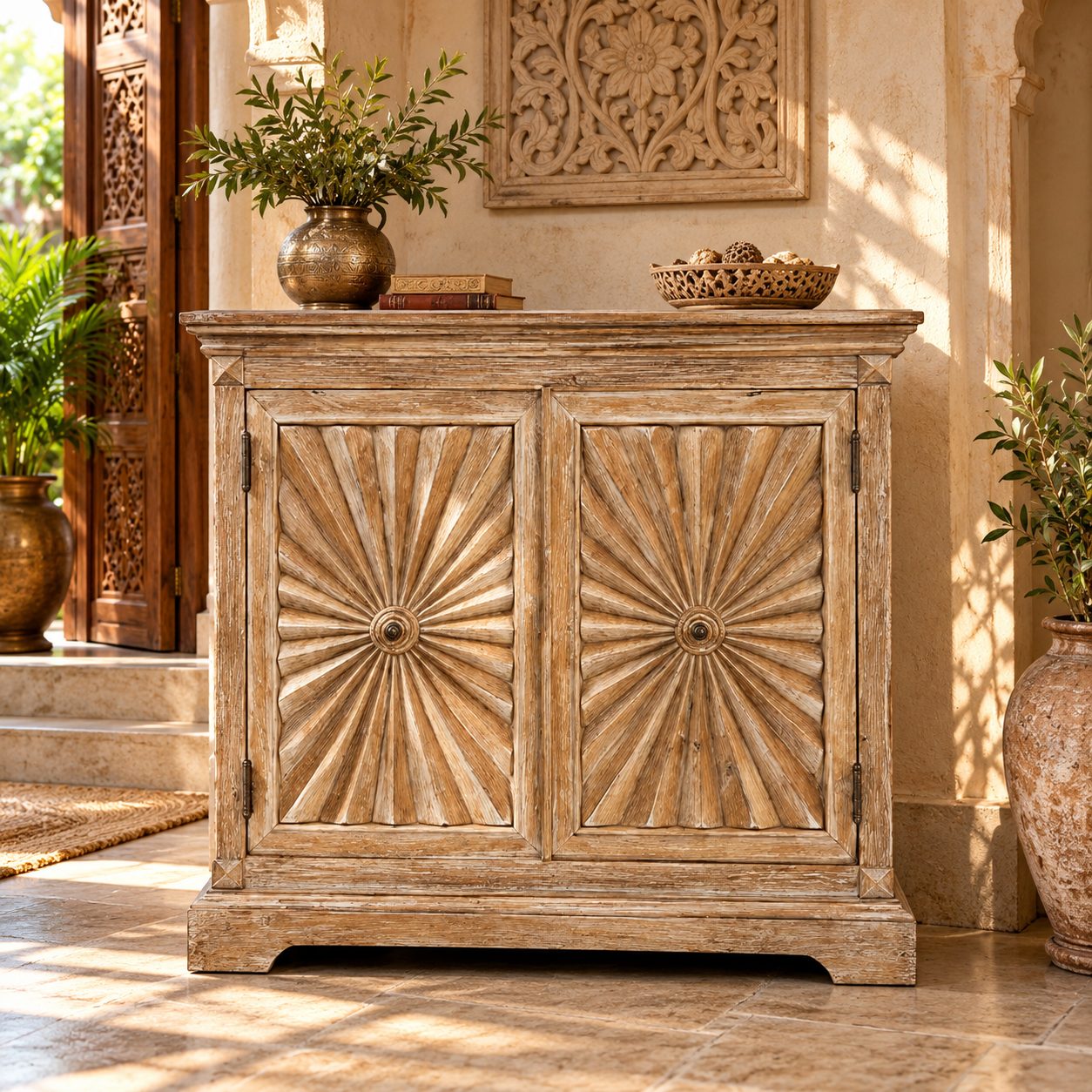 Hand-Carved Sunburst Wooden Storage Cabinet