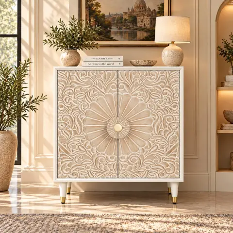 Hand-Carved White Mango Wood Storage Cabinet with Floral Doors