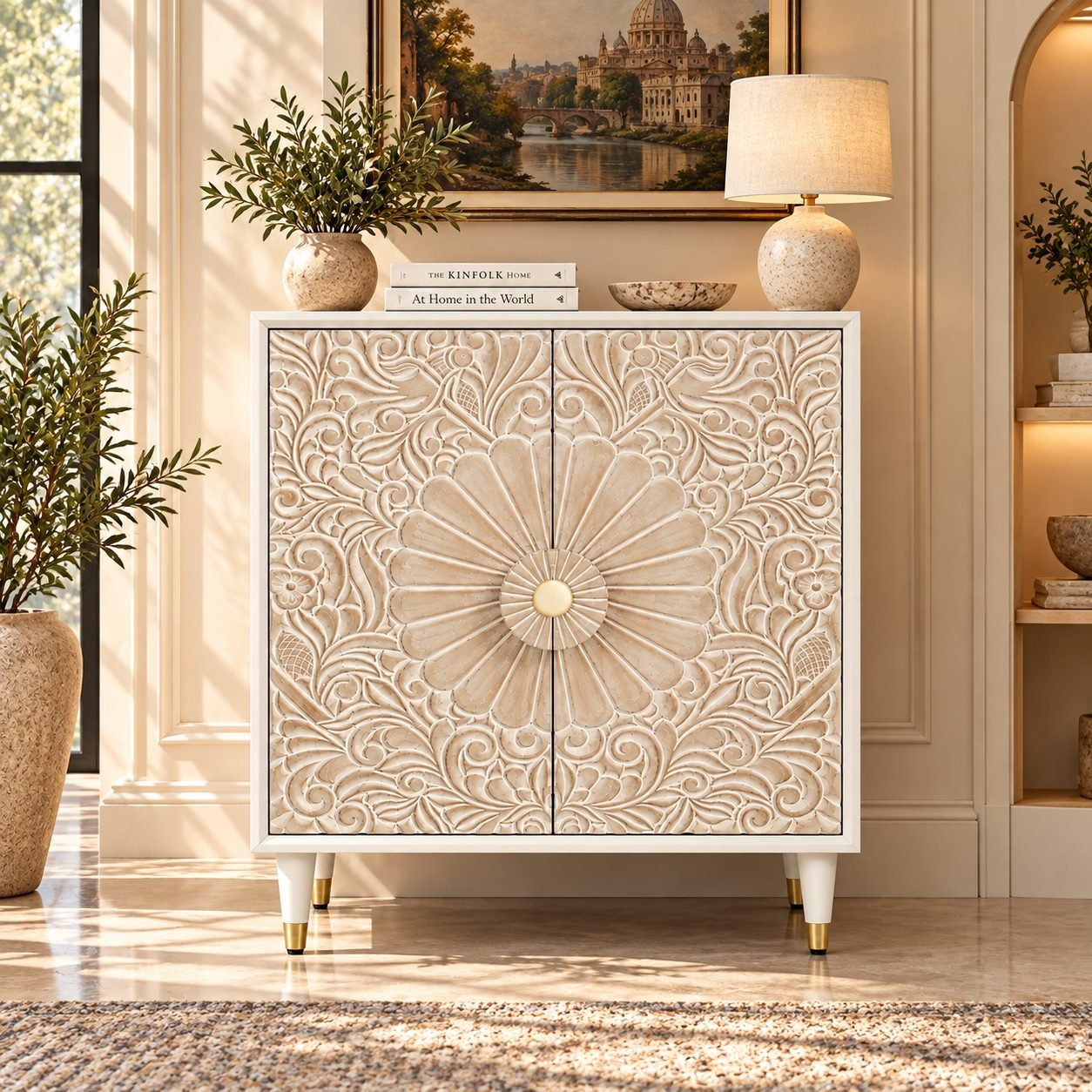 Hand-Carved White Mango Wood Storage Cabinet with Floral Doors