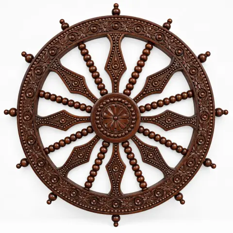 Hand-carved round wooden wheel wall decor displayed on a warm interior wall, featuring floral carvings, beaded spokes, decorative finials, and a central floral medallion.