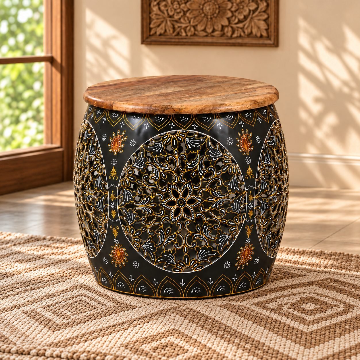 Hand-Painted Floral Round Storage Side Table with Mango Wood Top