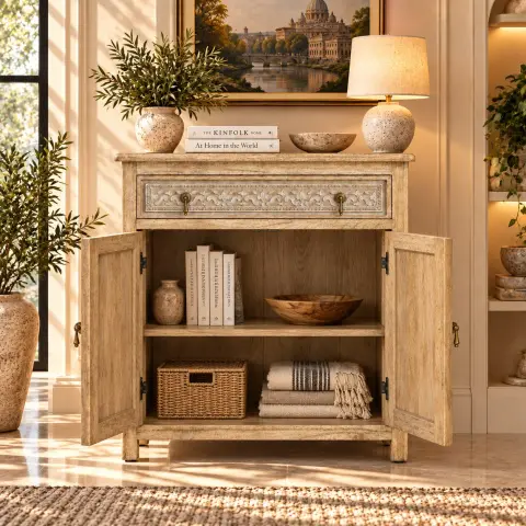 Hand-carved natural wood storage cabinet with two carved doors, one wide upper drawer, brass-tone drop handles and a light distressed finish in a styled interior.