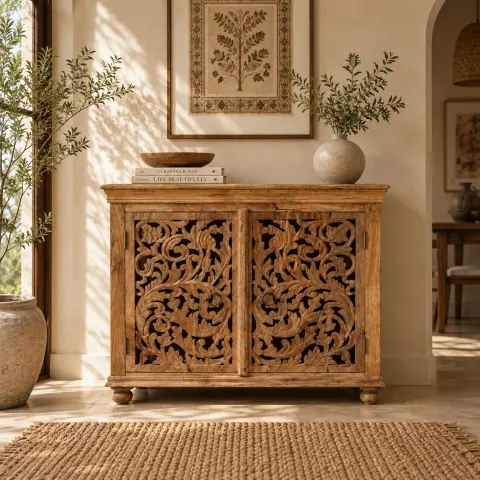 Handcrafted carved wooden sideboard cabinet with two ornate floral carved doors, raised legs, and natural wood finish