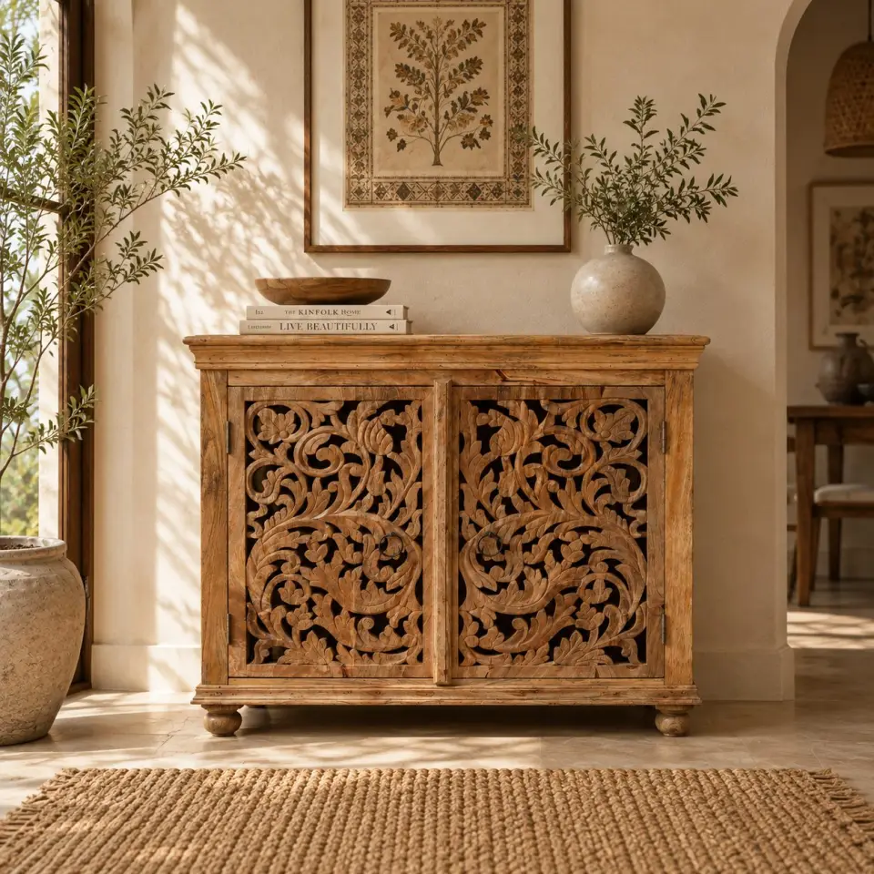 Handcrafted carved wooden sideboard cabinet with two ornate floral carved doors, raised legs, and natural wood finish