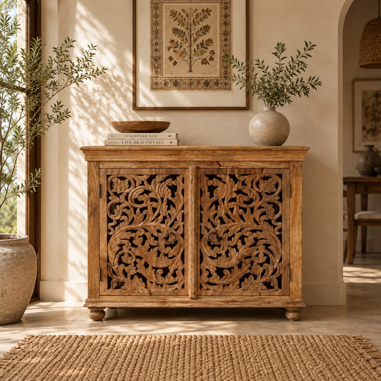 Floral Scroll Carved 2 Door Wooden Storage Cabinet