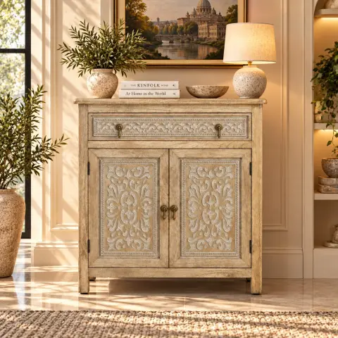Handcrafted Carved Wooden 2-Door Sideboard Cabinet