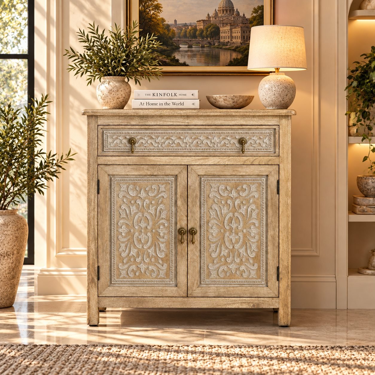 Handcrafted Carved Wooden 2-Door Sideboard Cabinet