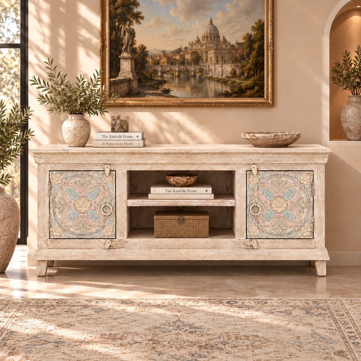 Handcrafted Mango Wood Carved Door Sideboard Cabinet