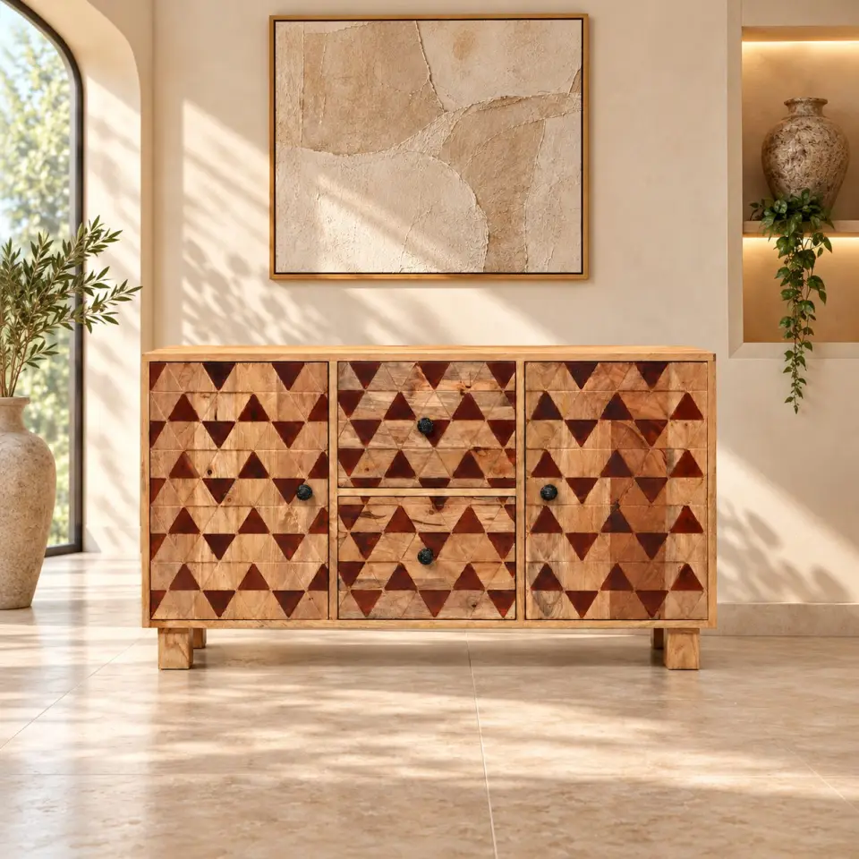 Front lifestyle view of a natural mango wood sideboard featuring geometric triangle inlay fronts, two side doors, two central drawers, black round knobs and block legs.