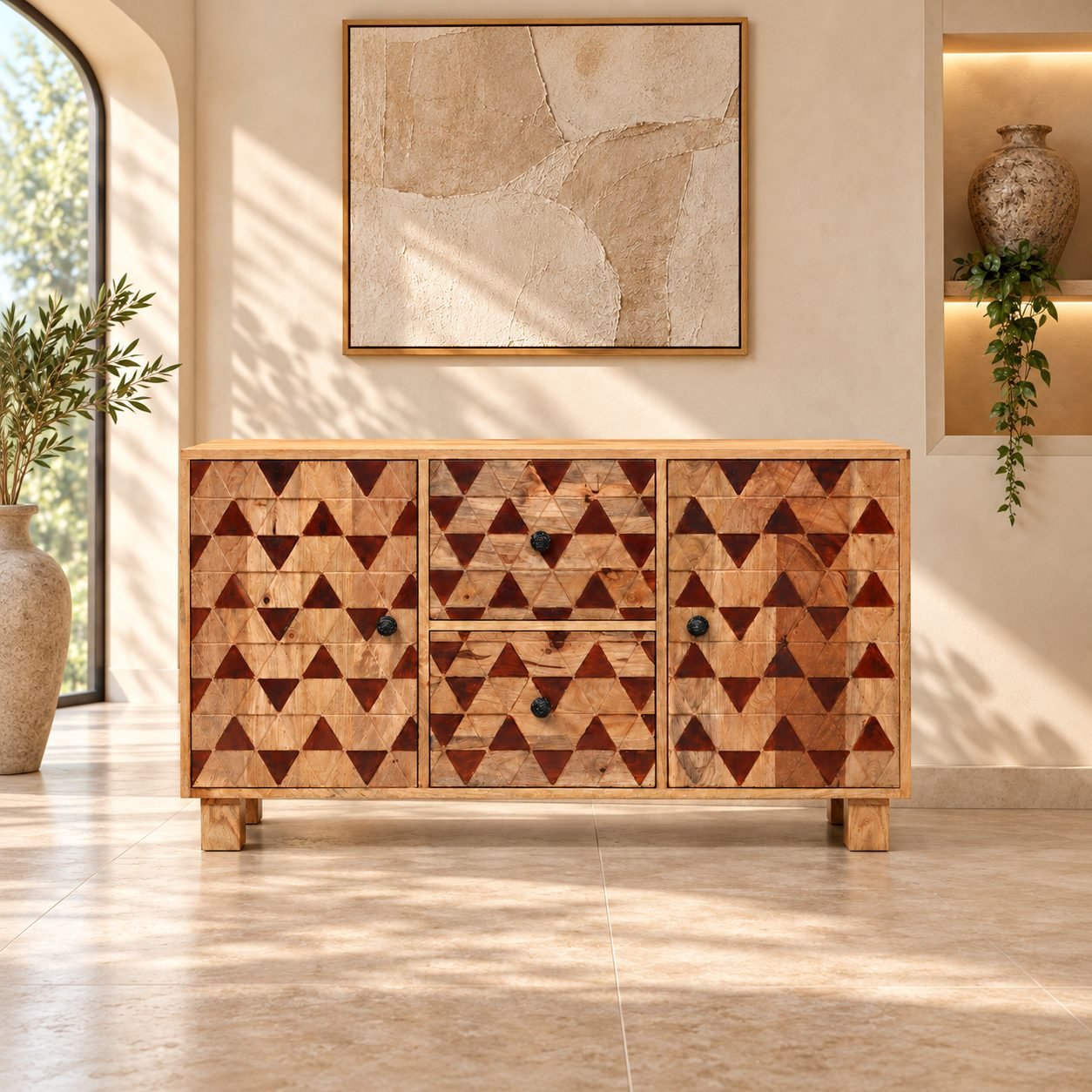Handcrafted Geometric Inlay Mango Wood Storage Sideboard