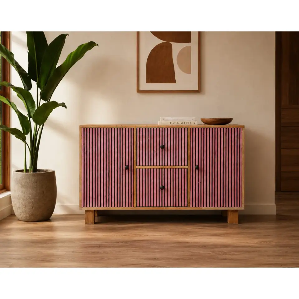 Front view of a handcrafted wooden sideboard cabinet with three striped doors, two central drawers, black knobs, and four solid wood legs