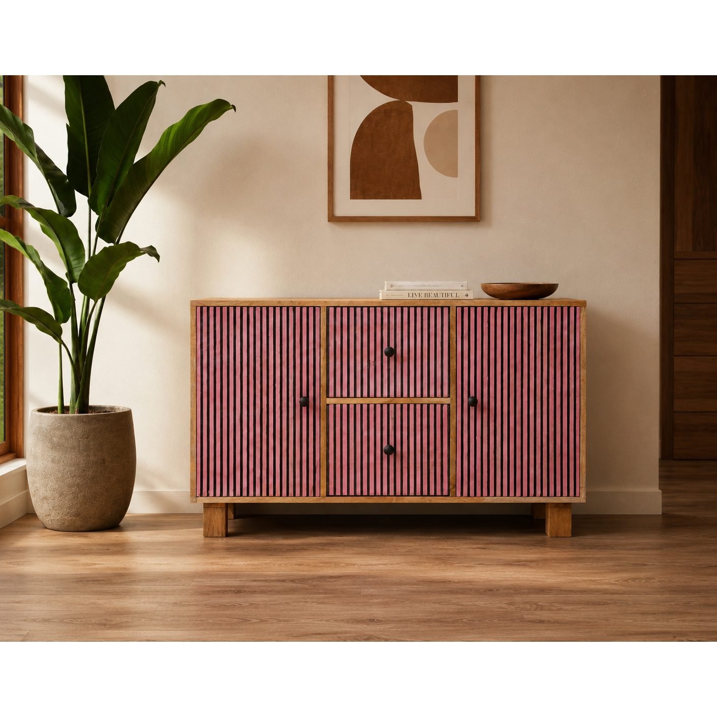 Handcrafted Mango Wood Sideboard Cabinet with Striped Doors