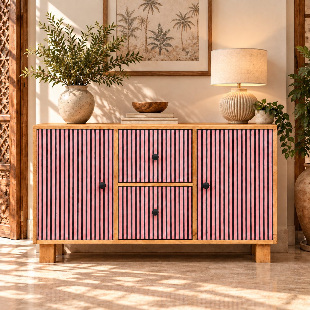 Handcrafted Mango Wood Sideboard Cabinet with Striped Doors