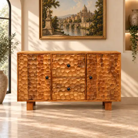 Handcrafted Honeycomb Textured Wooden Storage Sideboard