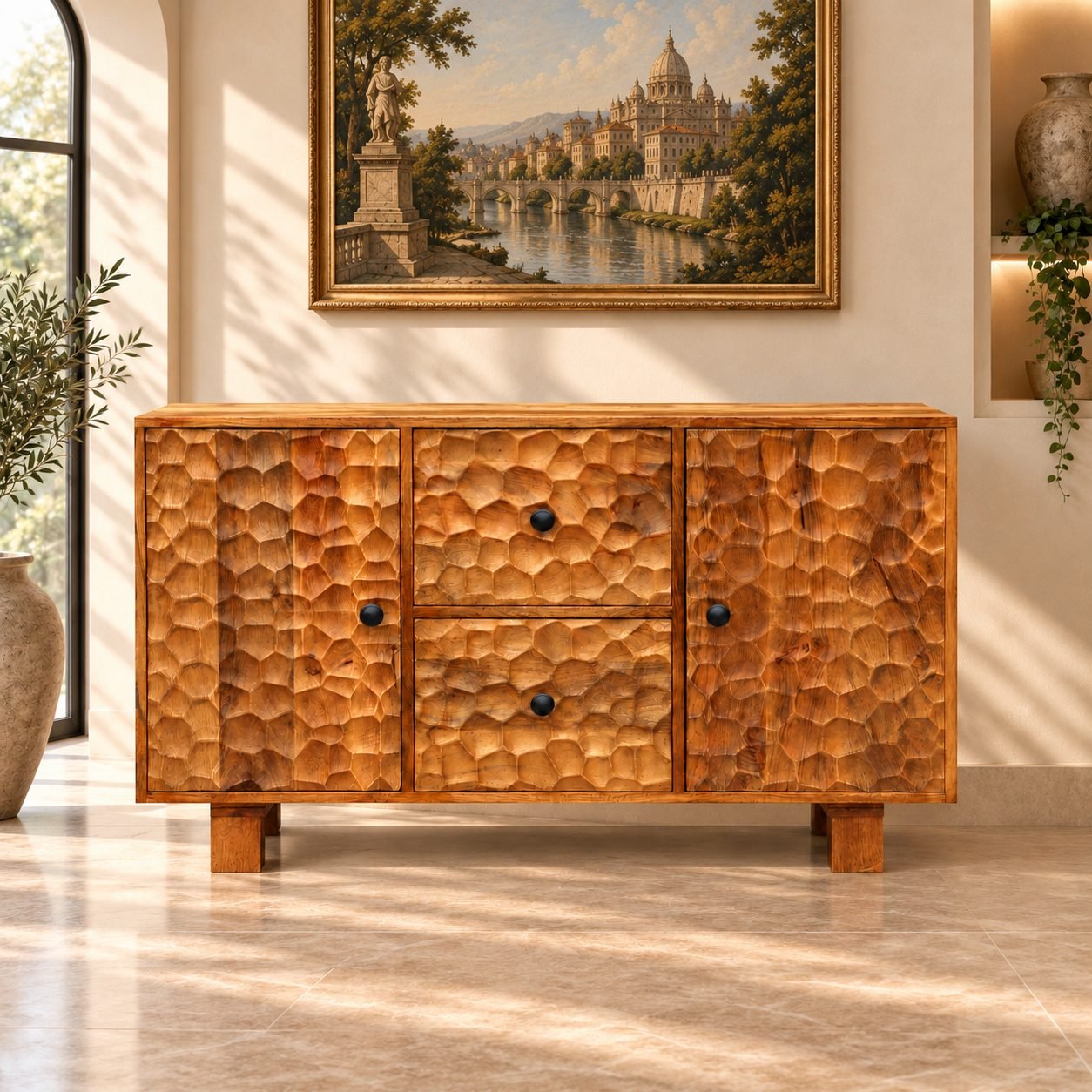 Handcrafted Honeycomb Textured Wooden Storage Sideboard