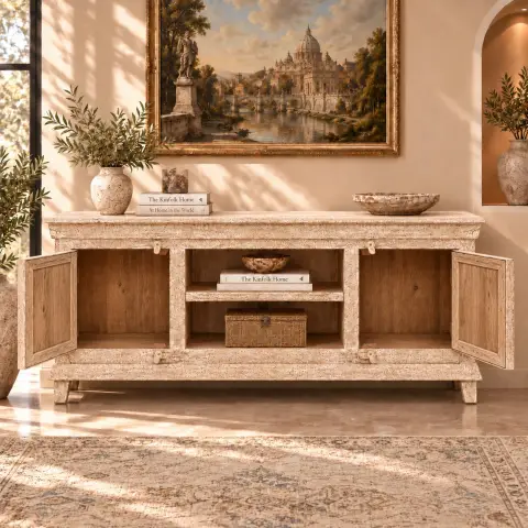 Handcrafted carved wooden sideboard cabinet with two decorative floral panel doors and open central shelving displayed in a warm interior