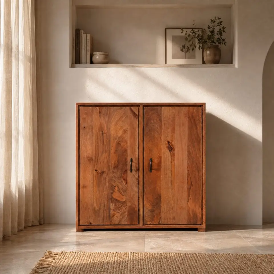 Front lifestyle view of a two door wooden storage cabinet with varied natural grain, dark pull handles and a clean framed profile.