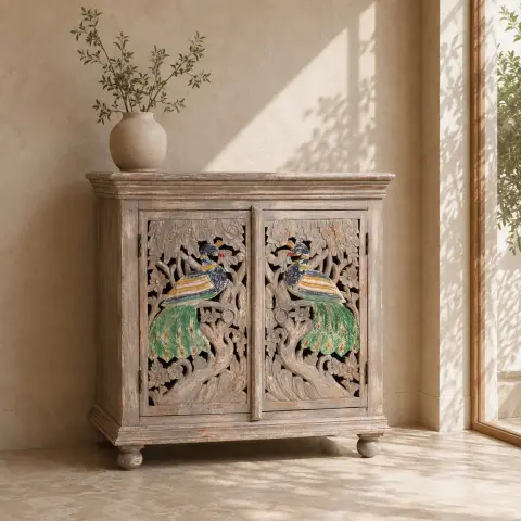 Painted Peacock Carved 2 Door Wooden Storage Cabinet