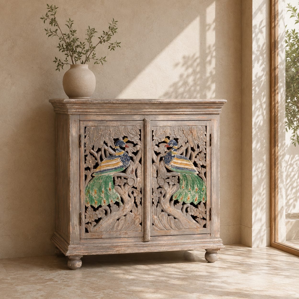 Painted Peacock Carved 2 Door Wooden Storage Cabinet