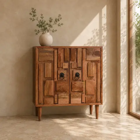 Solid Mango Wood Patchwork 2 Door Storage Cabinet