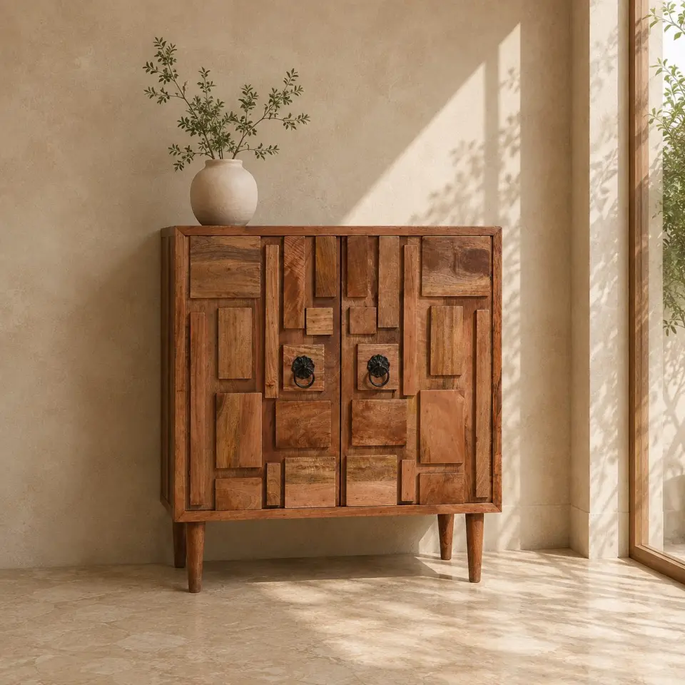 Closed two door wooden cabinet with raised rectangular patchwork panels, black ring pulls and tapered legs in a warm sunlit interior.