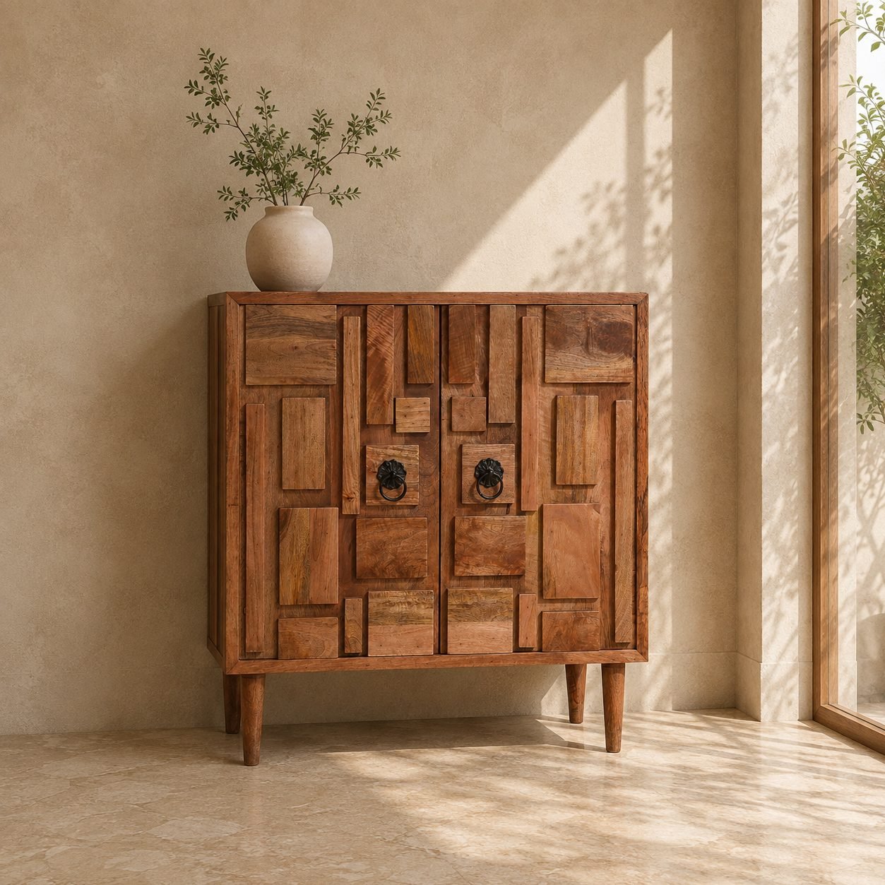 Solid Mango Wood Patchwork 2 Door Storage Cabinet