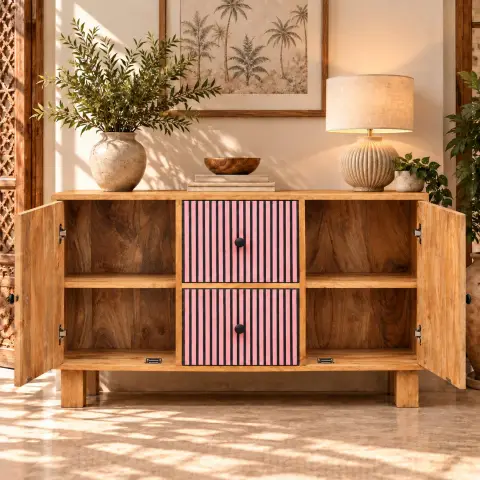Pink and black striped mango wood sideboard cabinet with two side doors, two center drawers and natural wood frame in a styled home interior.