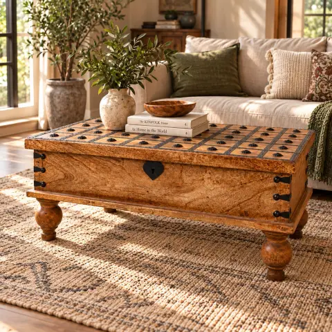 Closed wooden storage chest with a grid-pattern lid, black metal studs, corner straps, central latch and turned legs displayed in a warm living room.