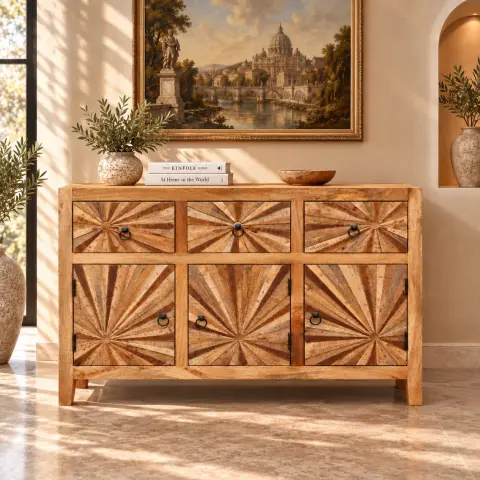 Sunburst Pattern Mango Wood Sideboard with 3 Drawers and 3 Doors