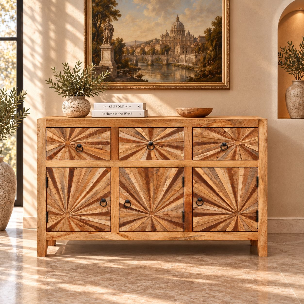 Sunburst Pattern Mango Wood Sideboard with 3 Drawers and 3 Doors