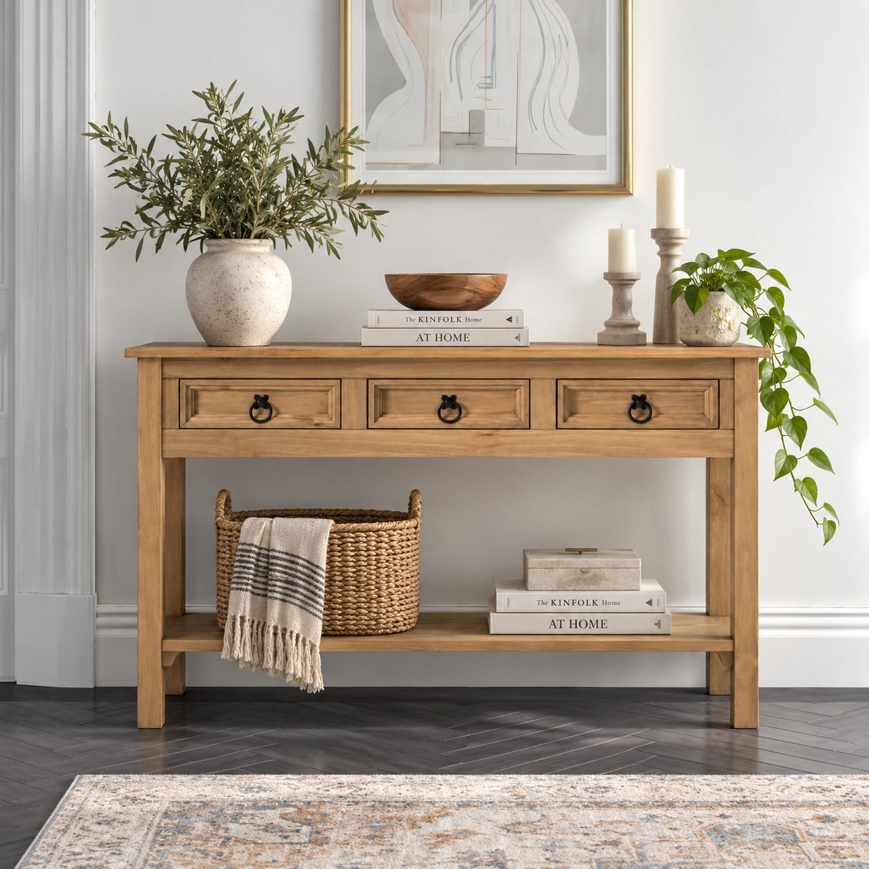 Three Drawer Wooden Console Table with Lower Shelf