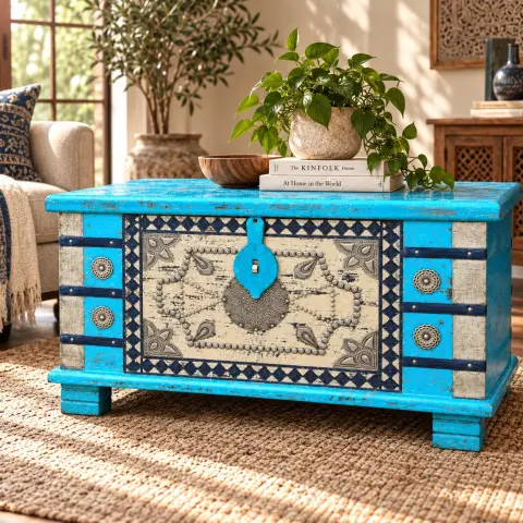Closed turquoise wooden blanket box with a distressed finish, ornate metalwork front panel, decorative rosettes and central latch in a warm living room.