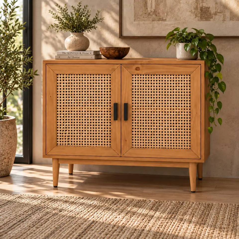 Closed two door wooden storage cabinet with woven cane panels, black pull handles and tapered legs styled in a warm living room.