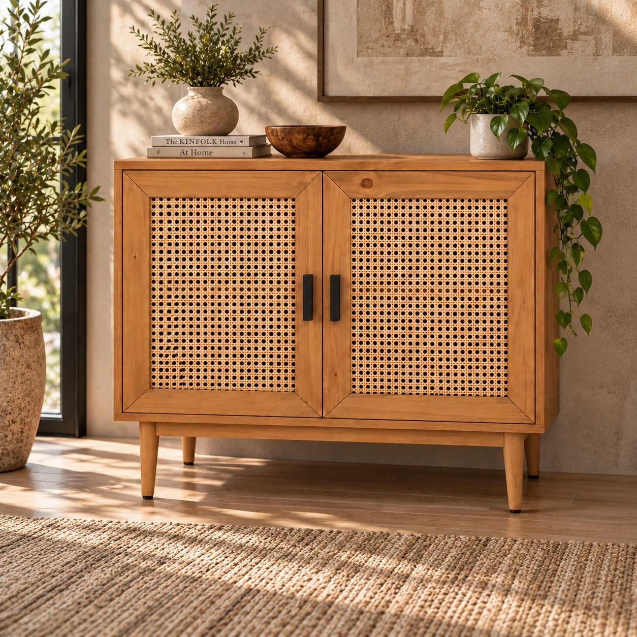 Two Door Cane Wooden Storage Cabinet with Internal Shelf