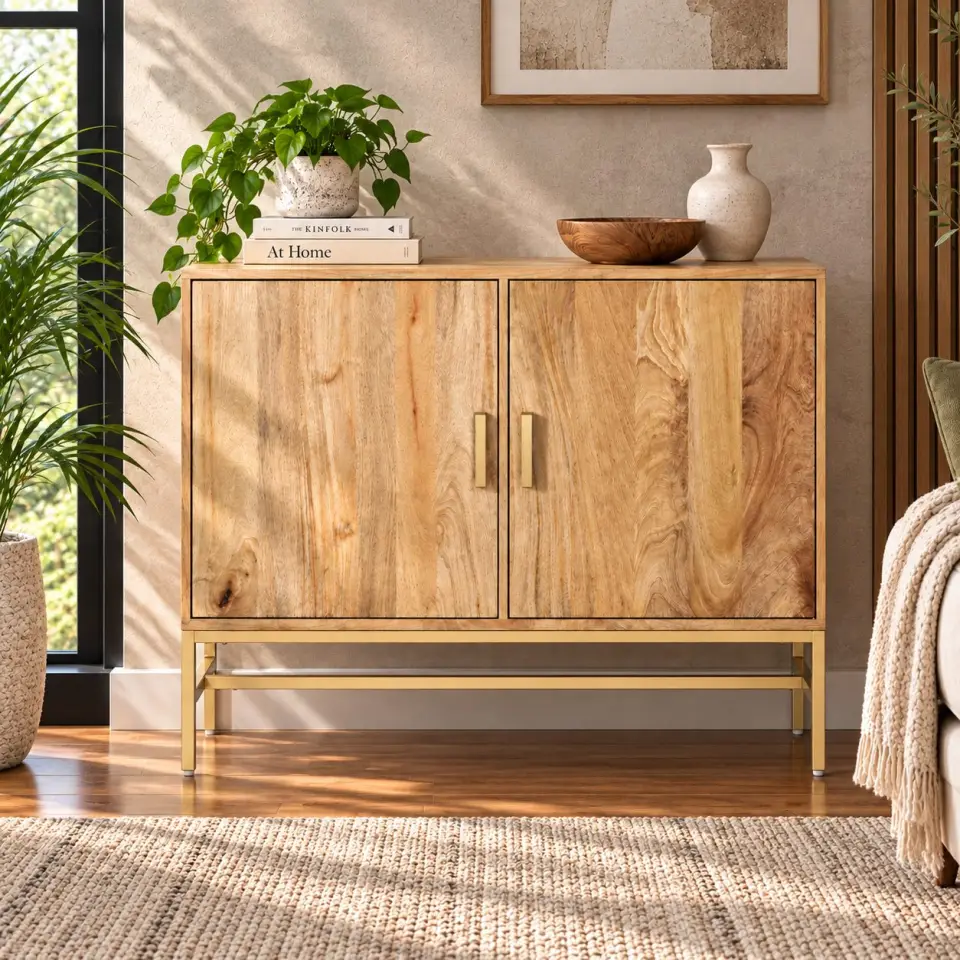 Two door natural wood cabinet shown closed in a warm interior with visible grain variation, vertical metal handles and a brass-tone raised base.