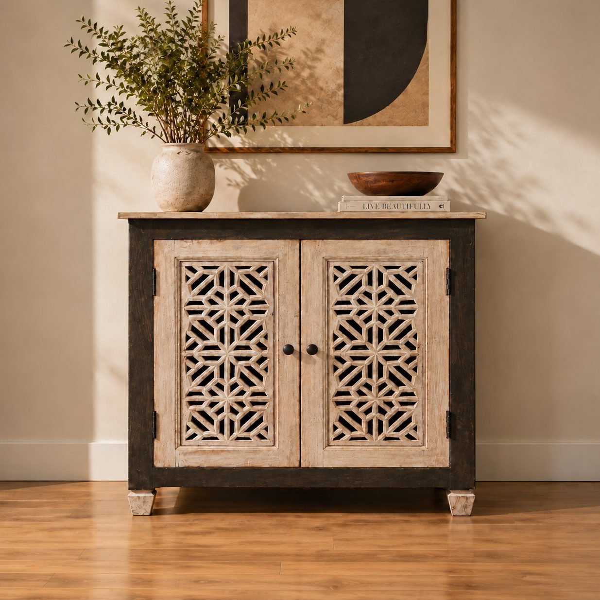 Two-Tone Geometric Carved 2-Door Wooden Storage Cabinet