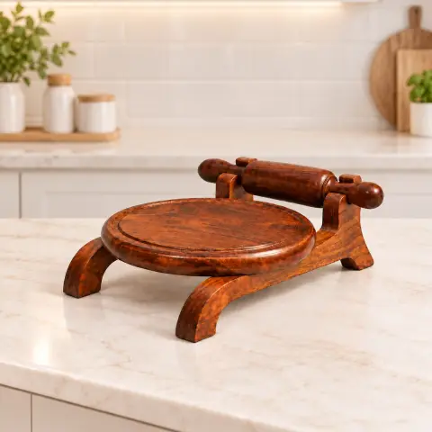 Wooden chakla belan set with round rolling board, integrated wooden rolling pin, curved support legs and natural wood finish displayed on a kitchen countertop.